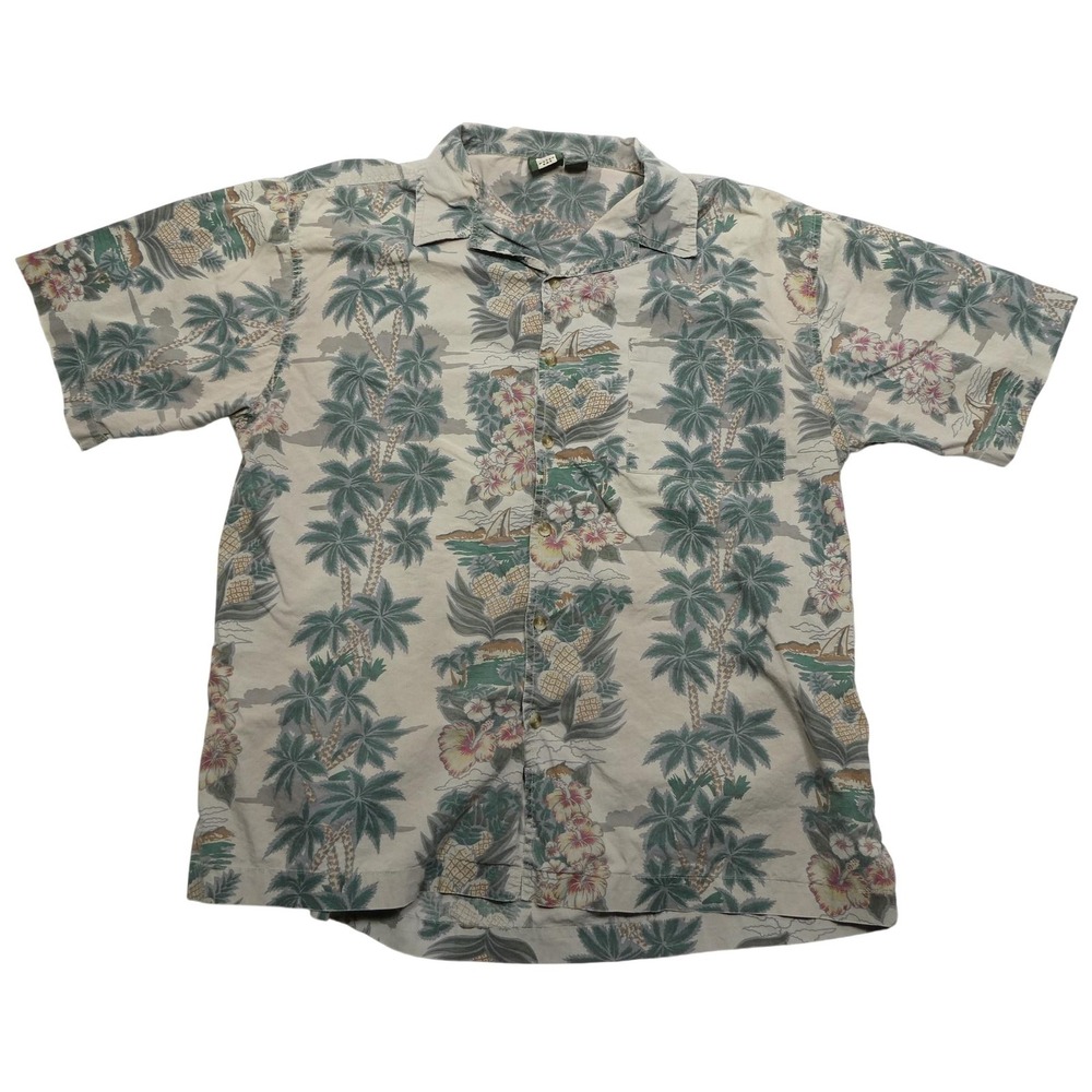 Metro One Hawaiian Shirt Mens XL Beige Palm Tree Cotton Aloha Beach Casual Print